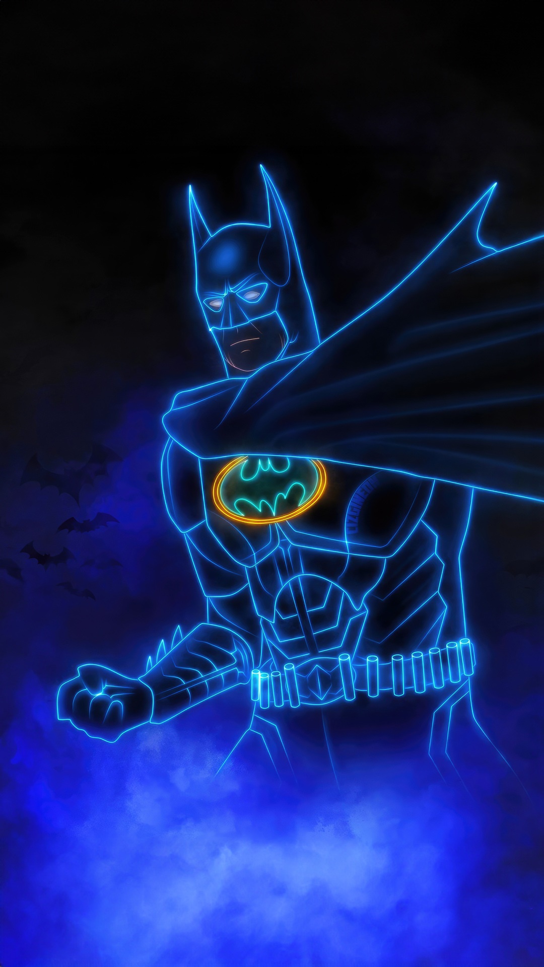 Batman neon artwork with bats and smoke HD Phone Wallpaper