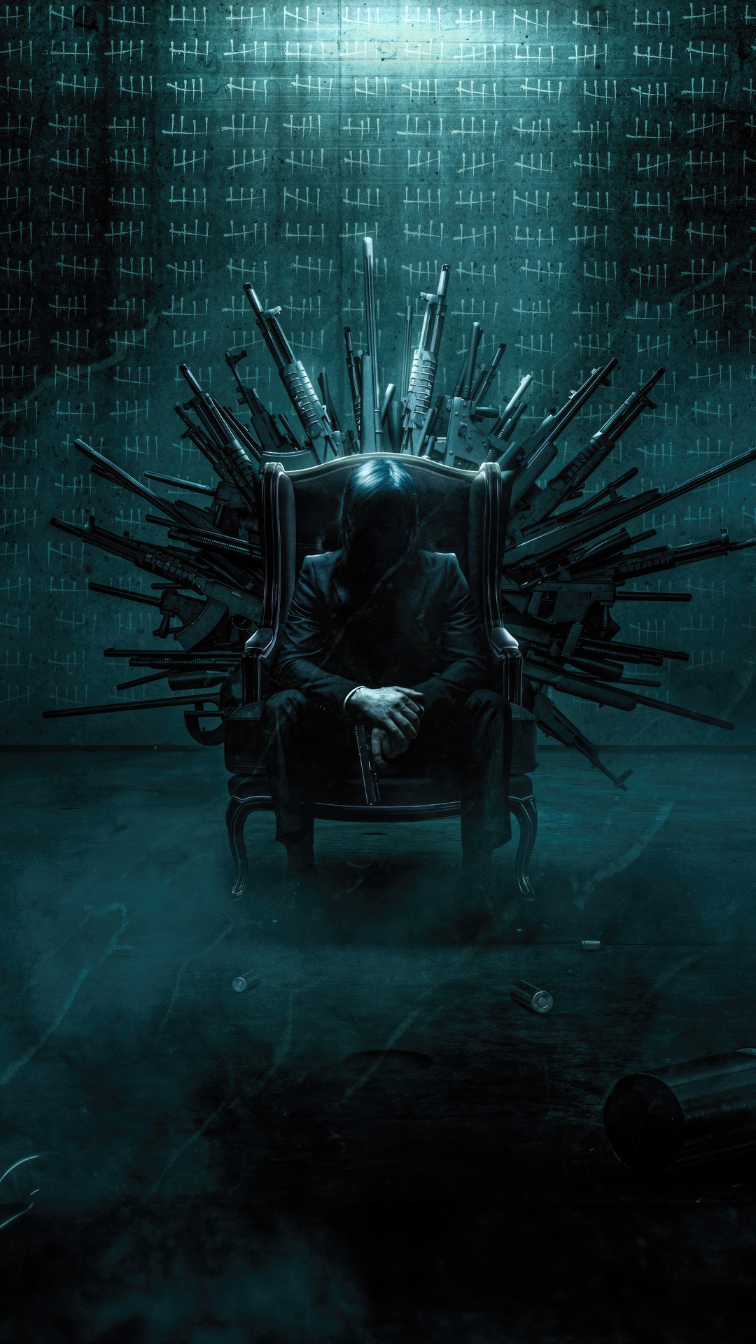 John Wick sitting on a throne of guns HD Phone Wallpaper