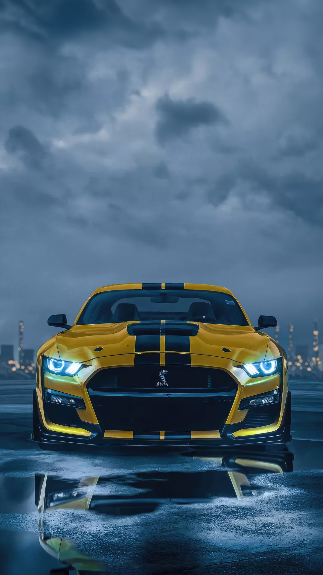 Yellow Ford Mustang Shelby GT500 with Black Stripes HD Phone Wallpaper