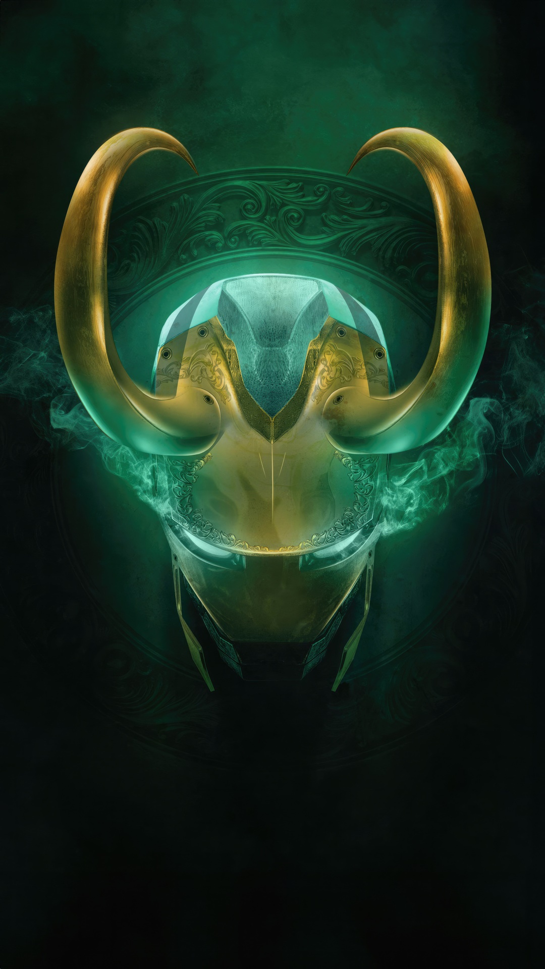 Loki's Helmet with Golden Horns and Green Smoke HD Phone Wallpaper