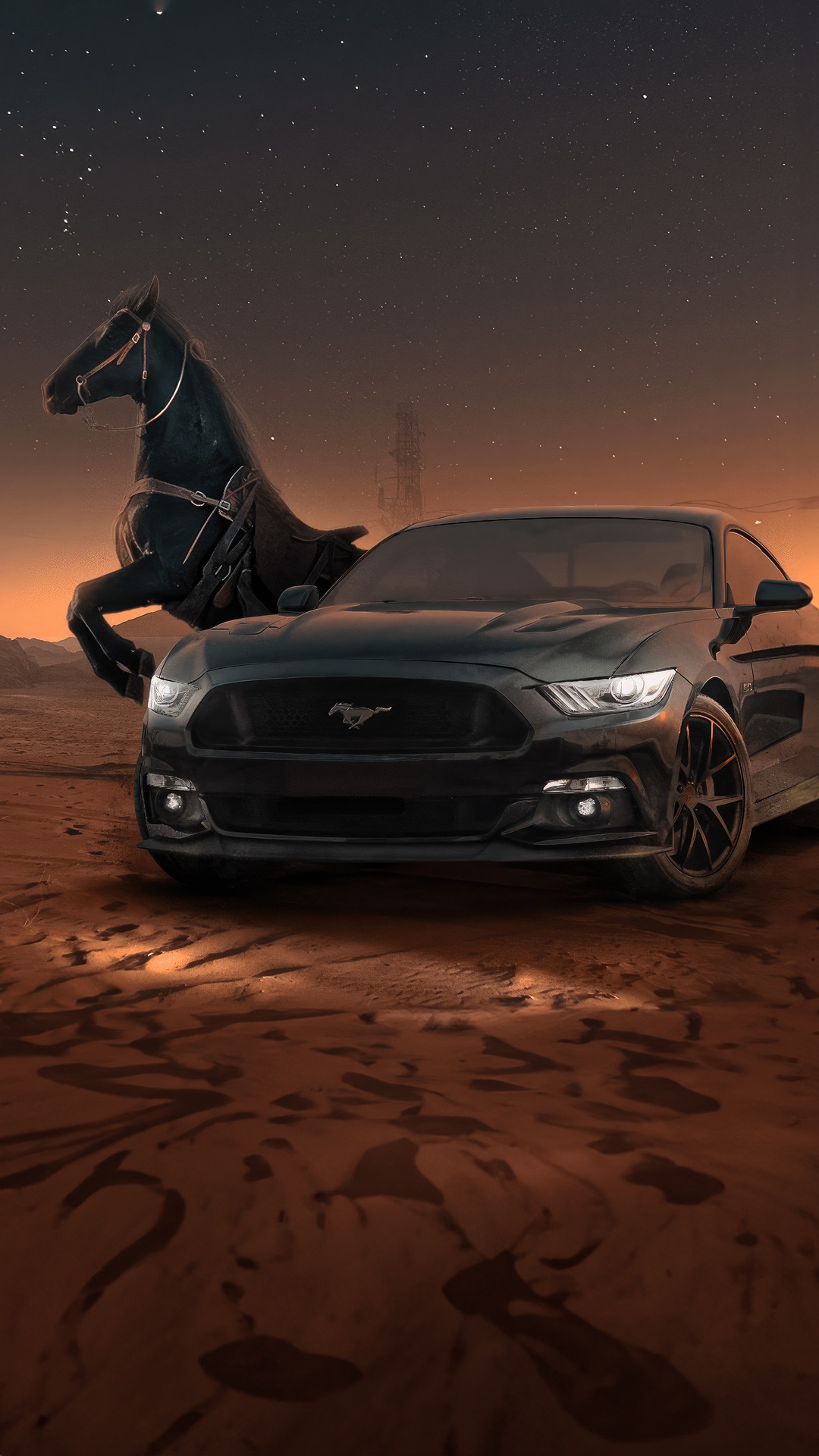 Ford Mustang and a black horse in the desert at night HD Phone Wallpaper