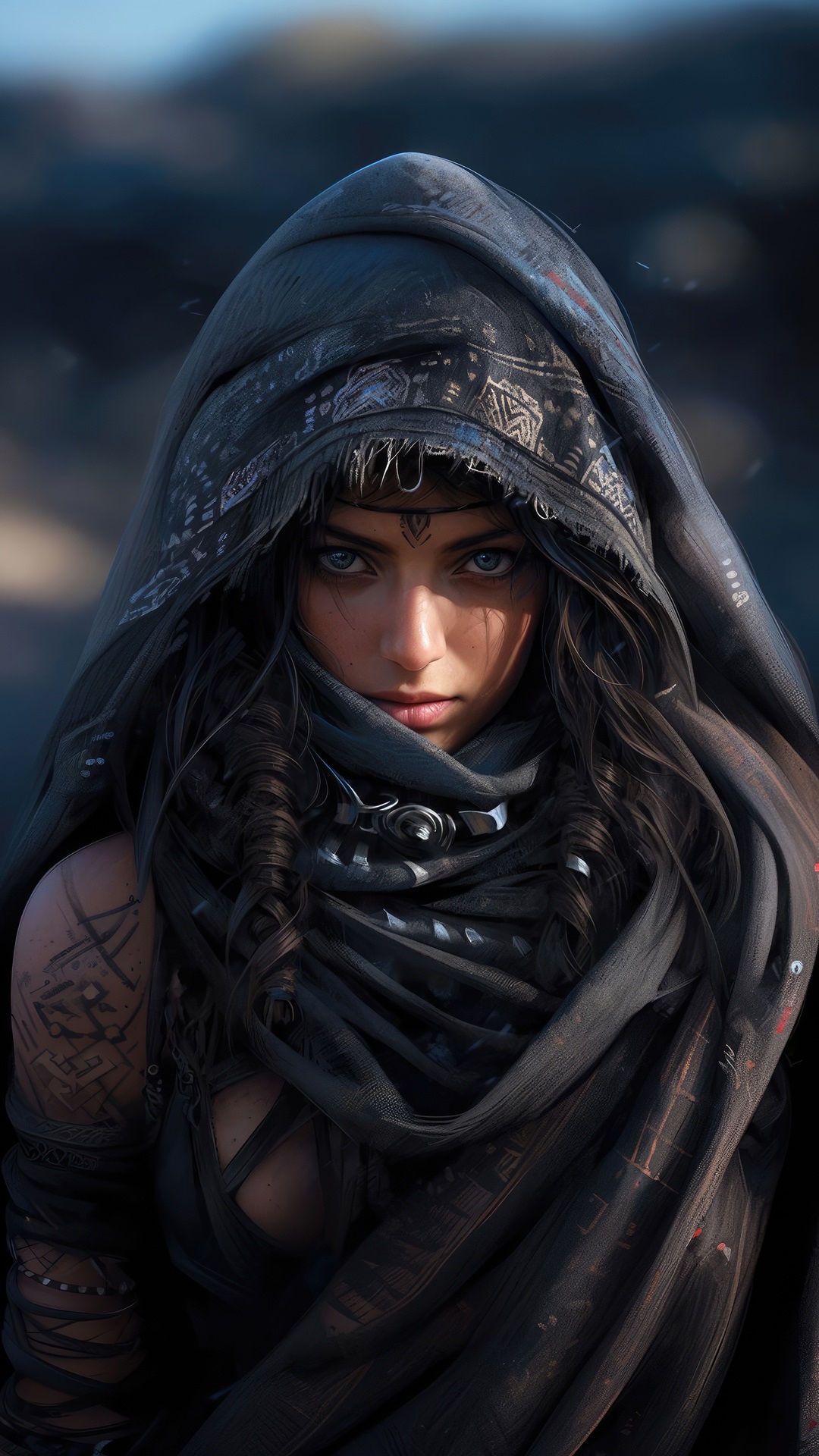 Fantasy warrior woman with dark hood and tattoos HD Phone Wallpaper