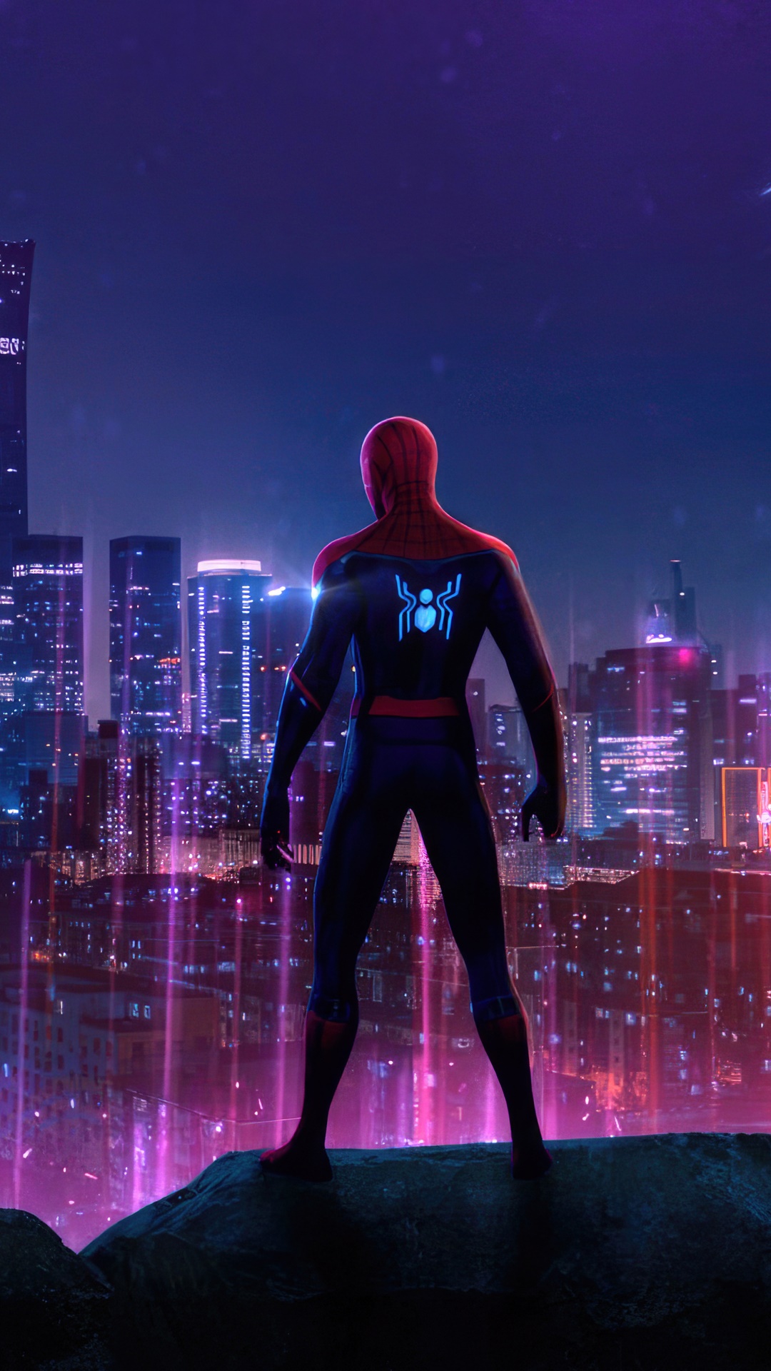 Spider-Man standing on a rock overlooking a city HD Phone Wallpaper