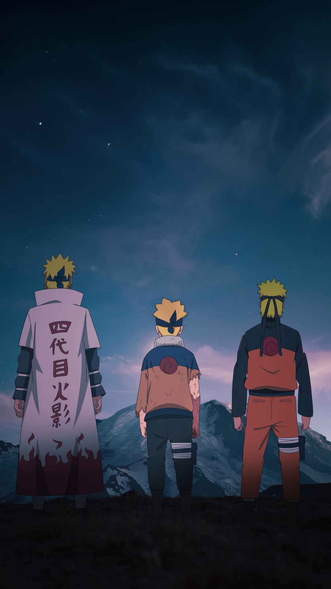 Naruto, Minato, and Boruto under the night sky HD Phone Wallpaper