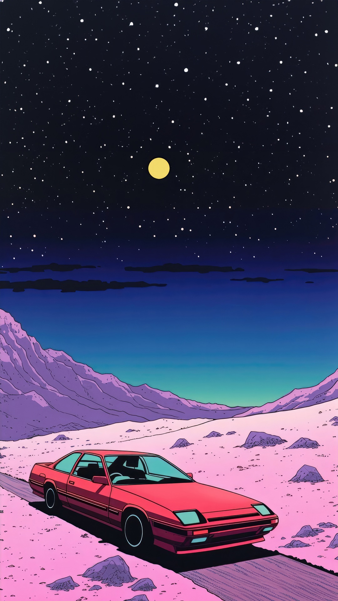 Red car on a pink desert road under a starry night sky HD Phone Wallpaper