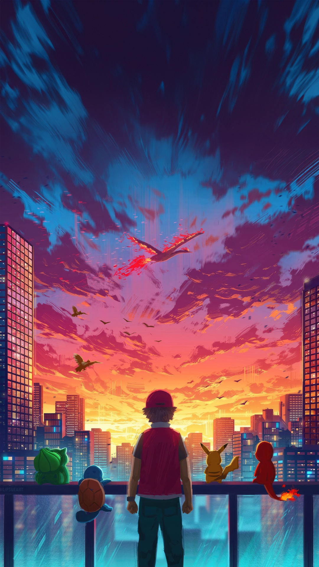 Pokemon trainer and starters overlooking a city at sunset HD Phone Wallpaper