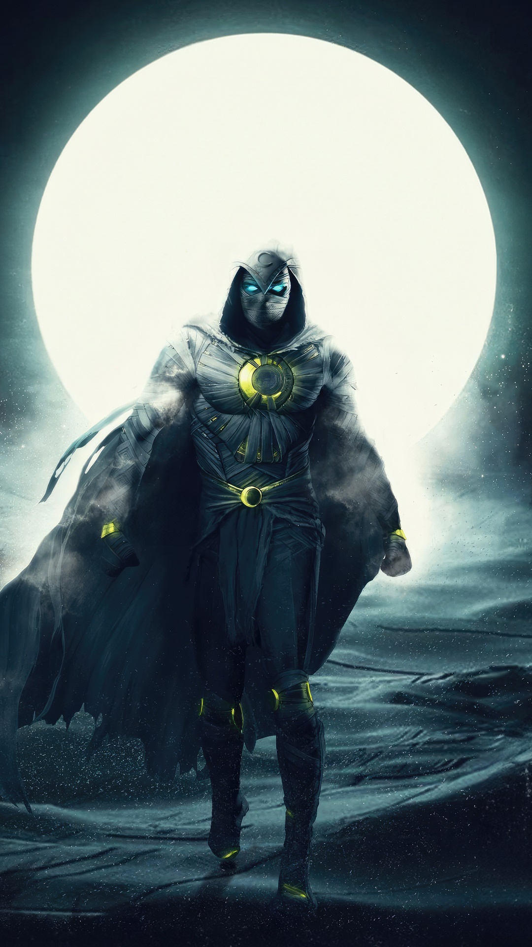 Moon Knight standing in front of a large moon HD Phone Wallpaper