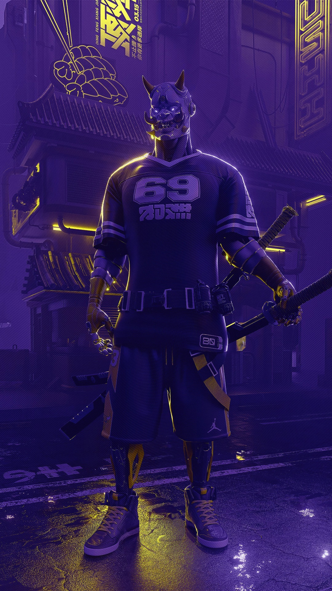 Cyberpunk Oni with Swords and Neon City HD Phone Wallpaper