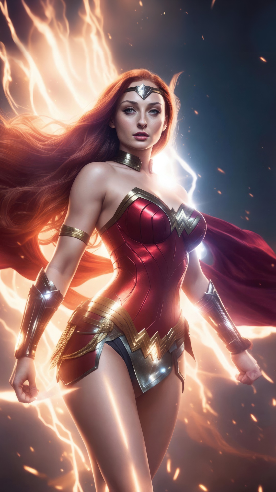 Wonder Woman with Red Hair and Lightning HD Phone Wallpaper