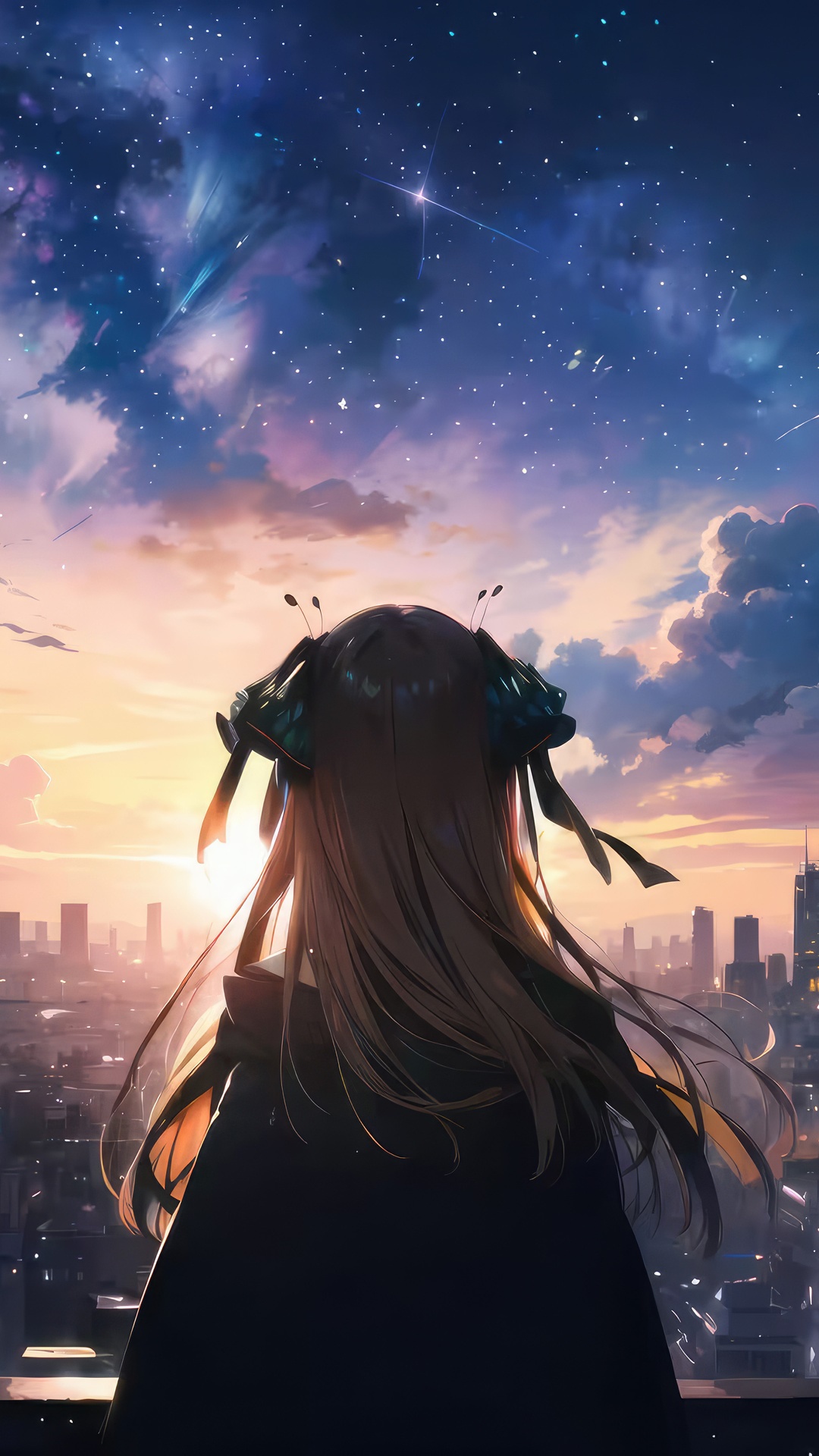 Anime girl looking at the starry sky over a city HD Phone Wallpaper
