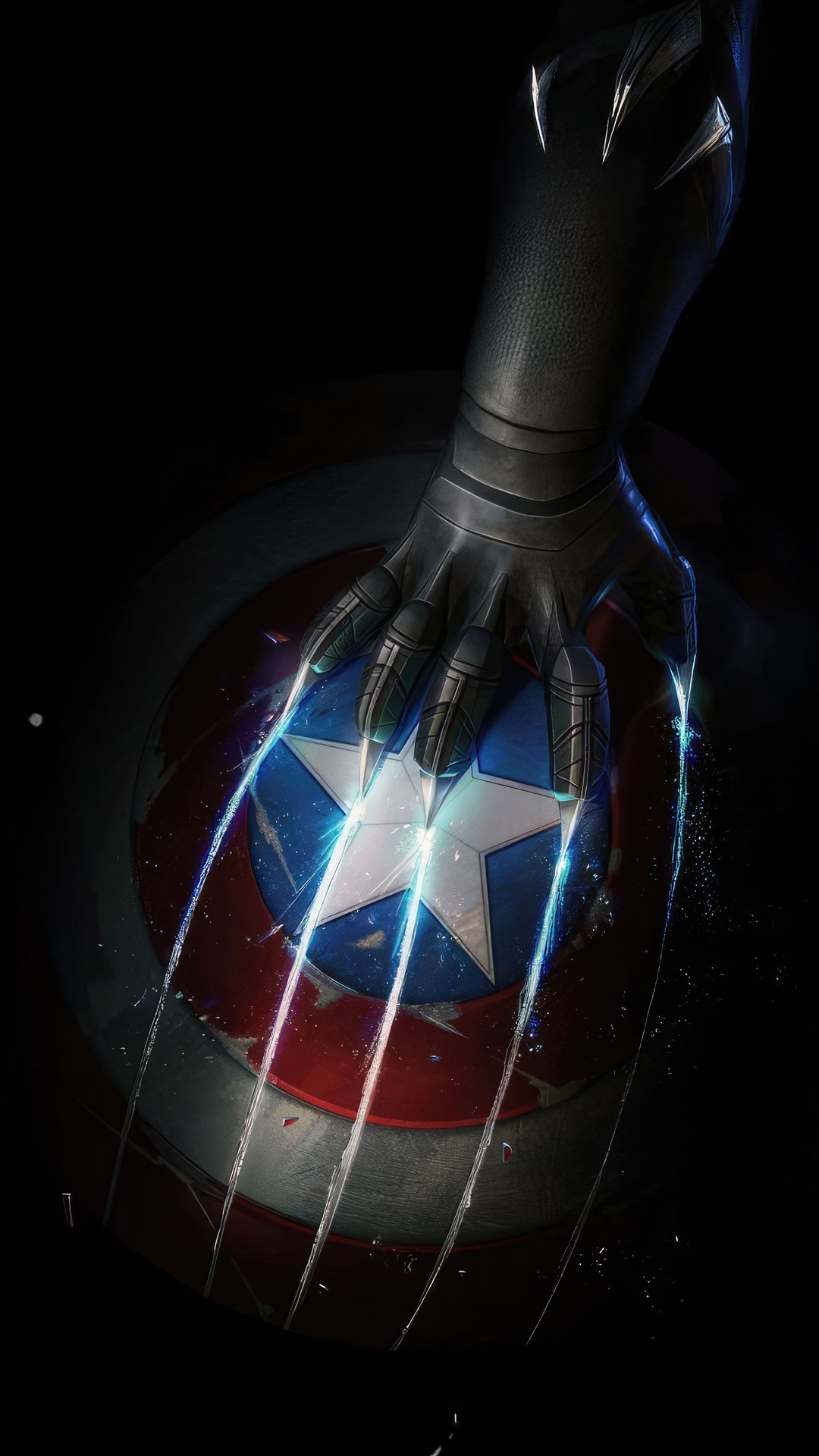 Black Panther's claws scratch Captain America's shield HD Phone Wallpaper
