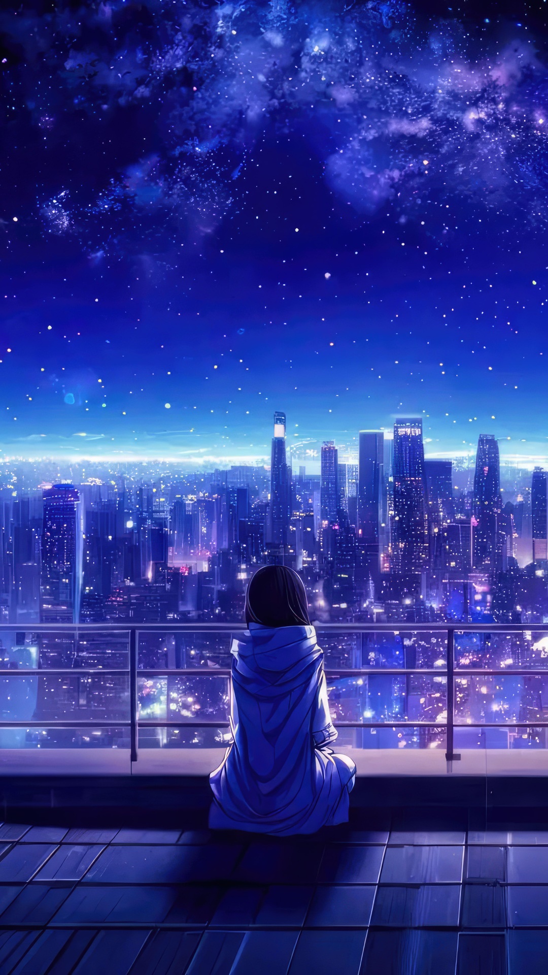 Anime girl looking at a starry night sky over a city HD Phone Wallpaper