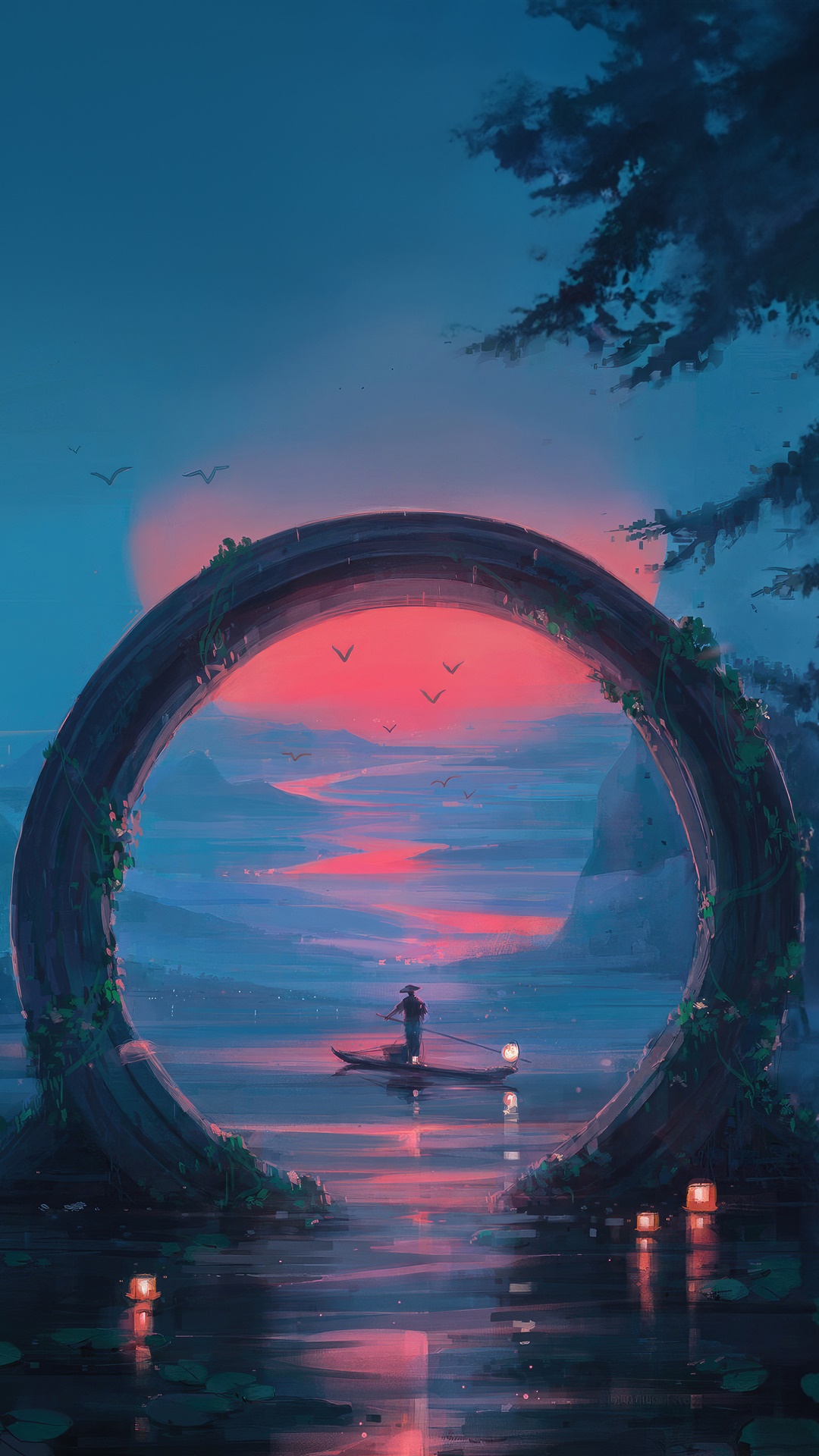 Digital Art of a Person in a Boat at Sunset HD Phone Wallpaper