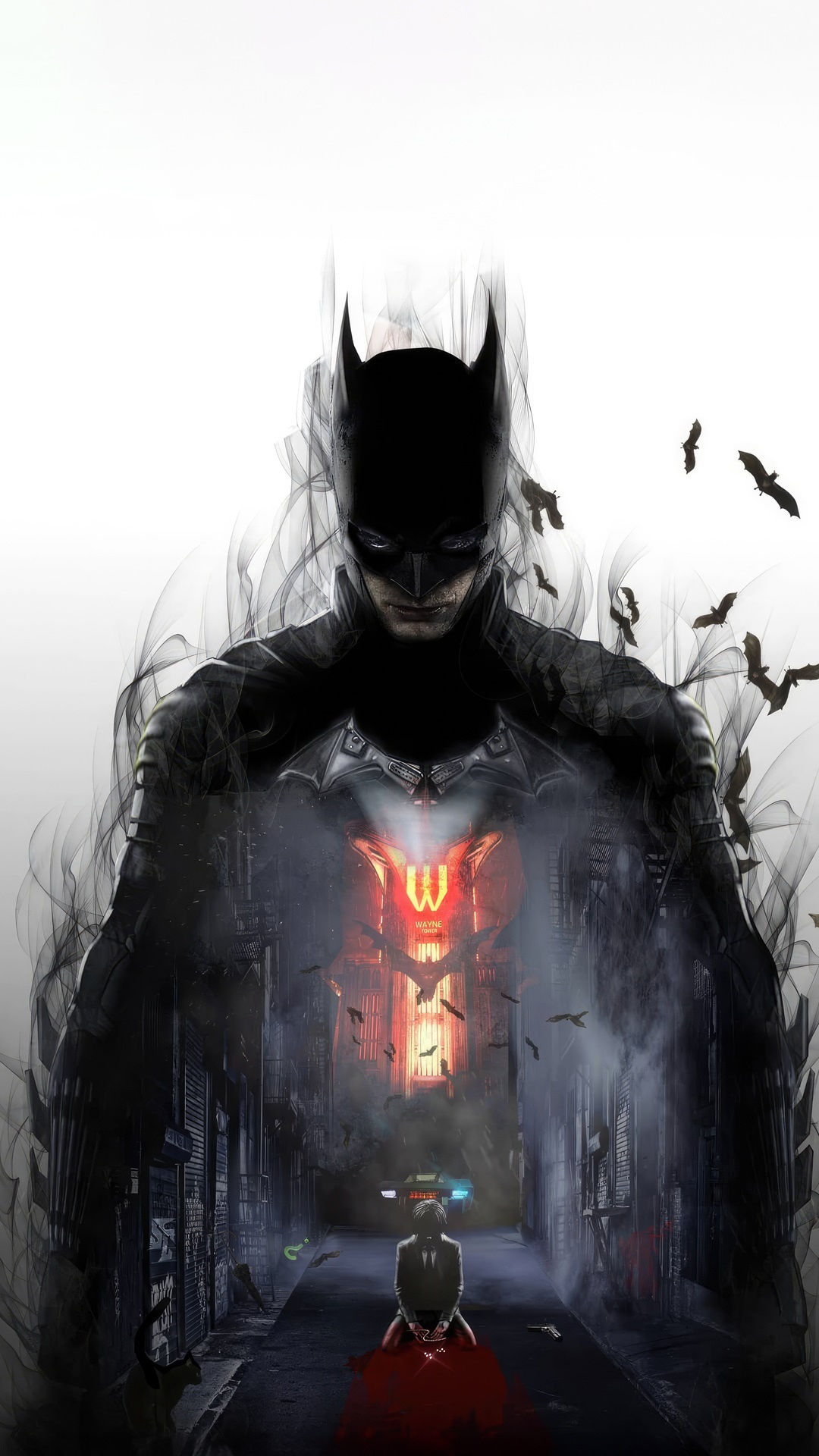 Batman in a dark alley with a victim HD Phone Wallpaper