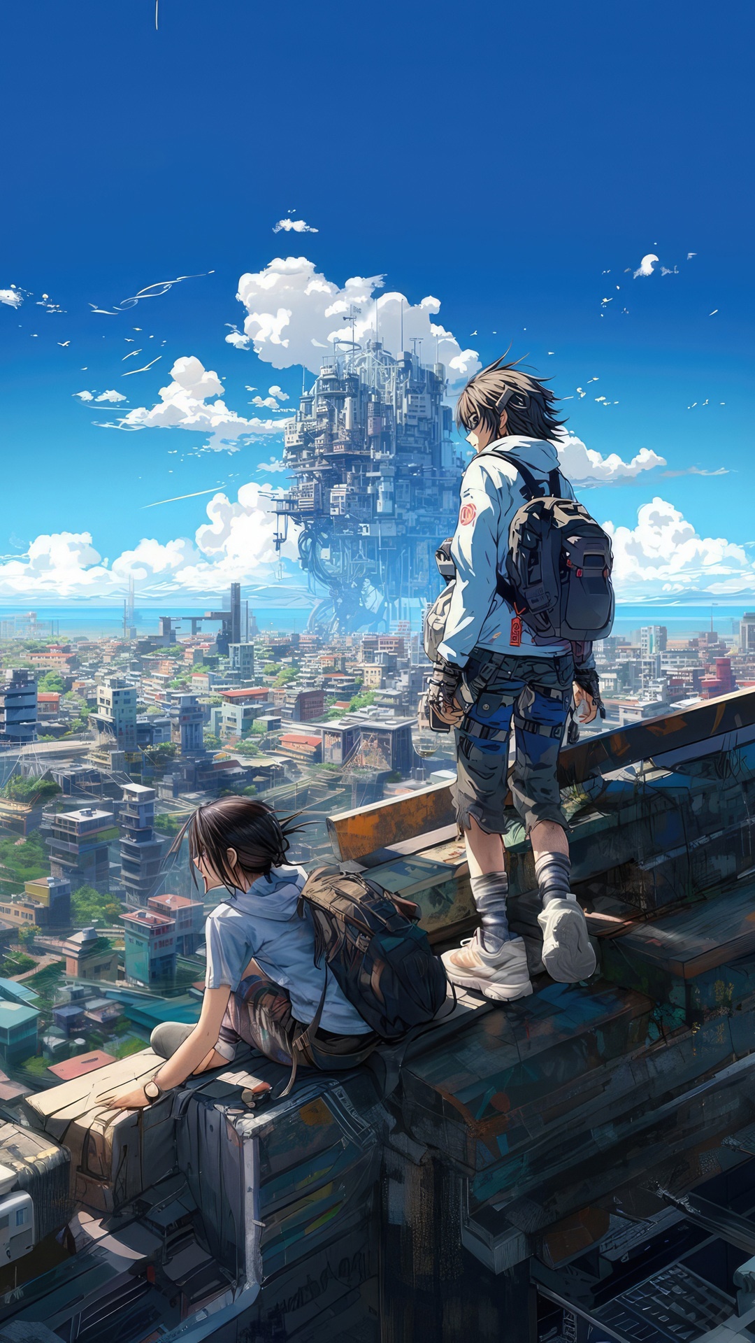 Anime artwork of two people overlooking a futuristic city HD Phone Wallpaper