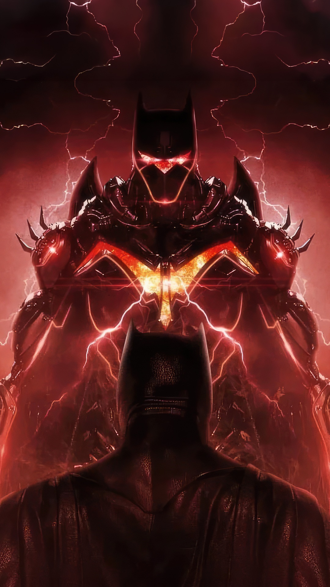 Batman facing a dark armored figure with red lightning HD Phone Wallpaper