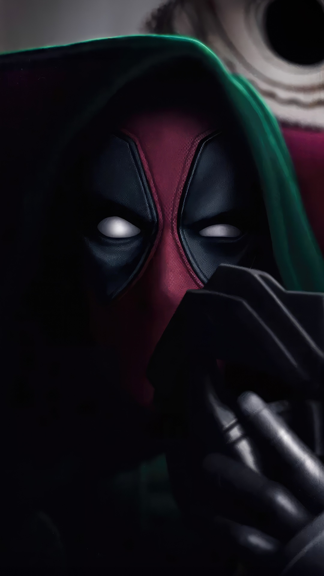 Deadpool wearing a green hood and black gloves HD Phone Wallpaper