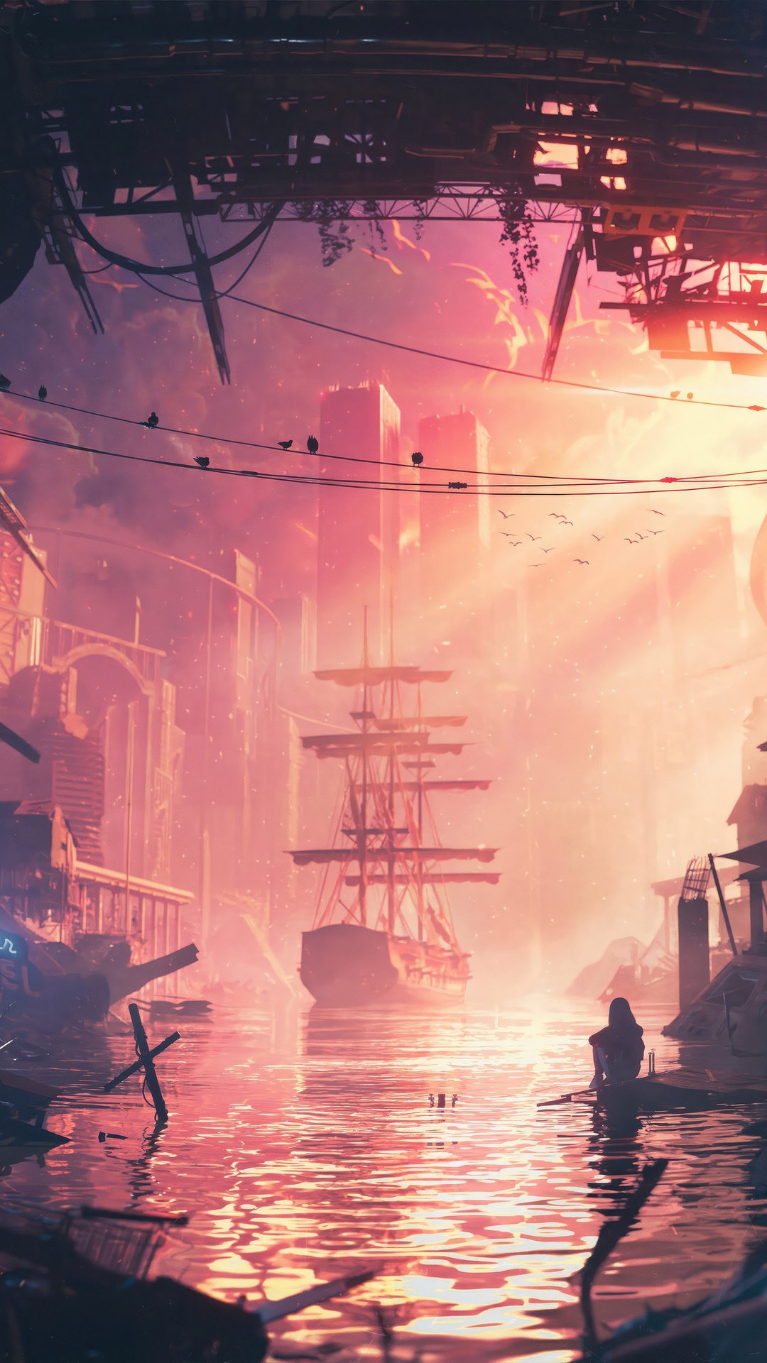 Digital artwork of a lone figure by a ship HD Phone Wallpaper