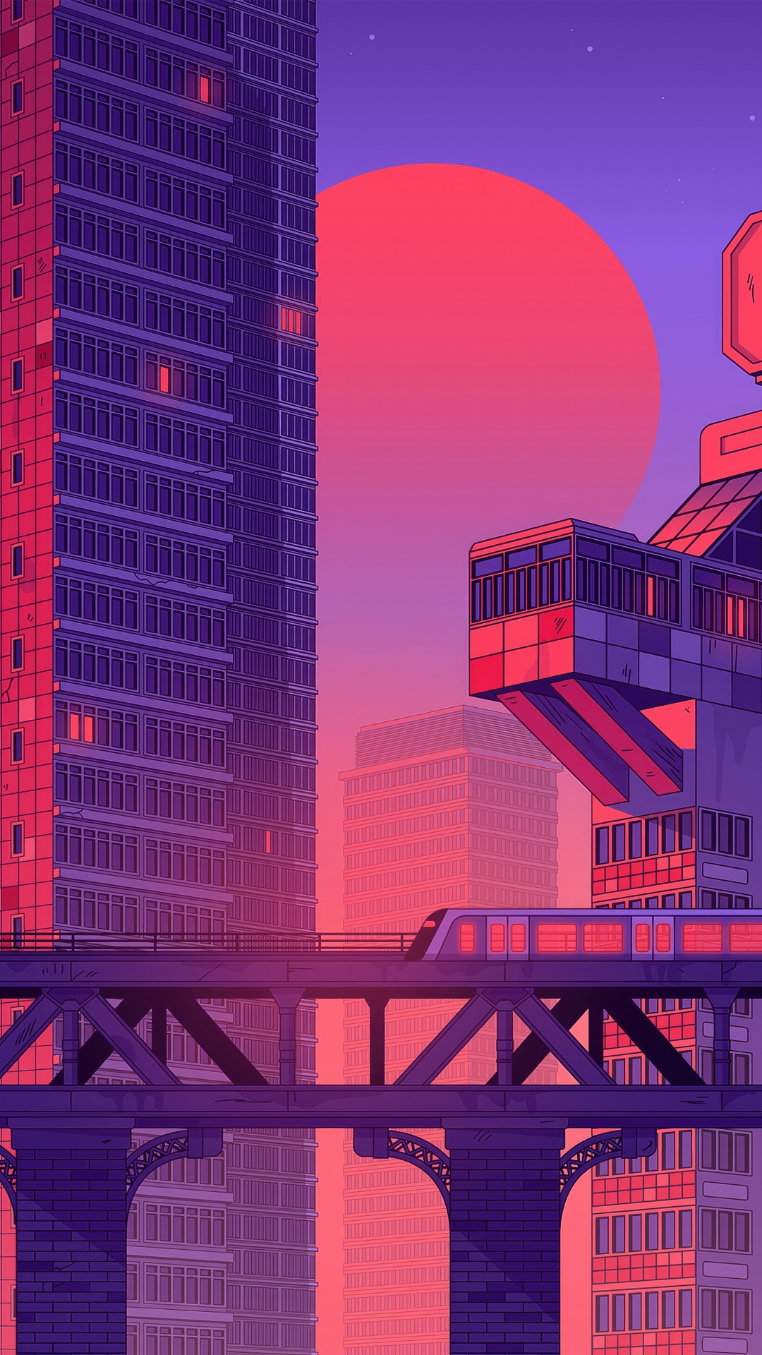 Sci-fi city with a train at sunset HD Phone Wallpaper