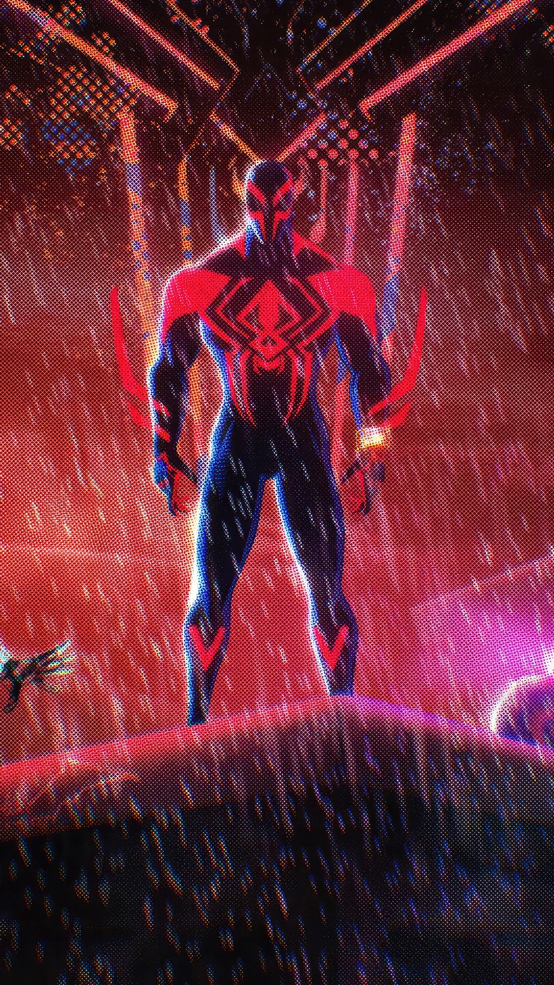 Spider-Man 2099 standing in a red, rainy environment HD Phone Wallpaper