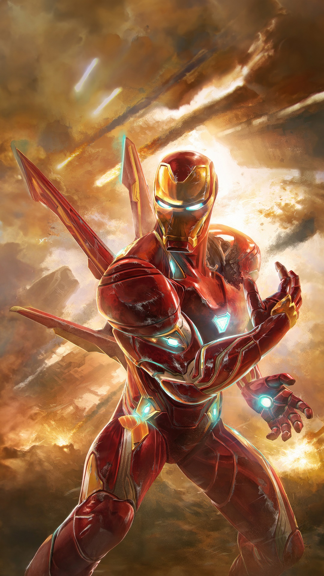 Iron Man in battle with debris and explosions HD Phone Wallpaper