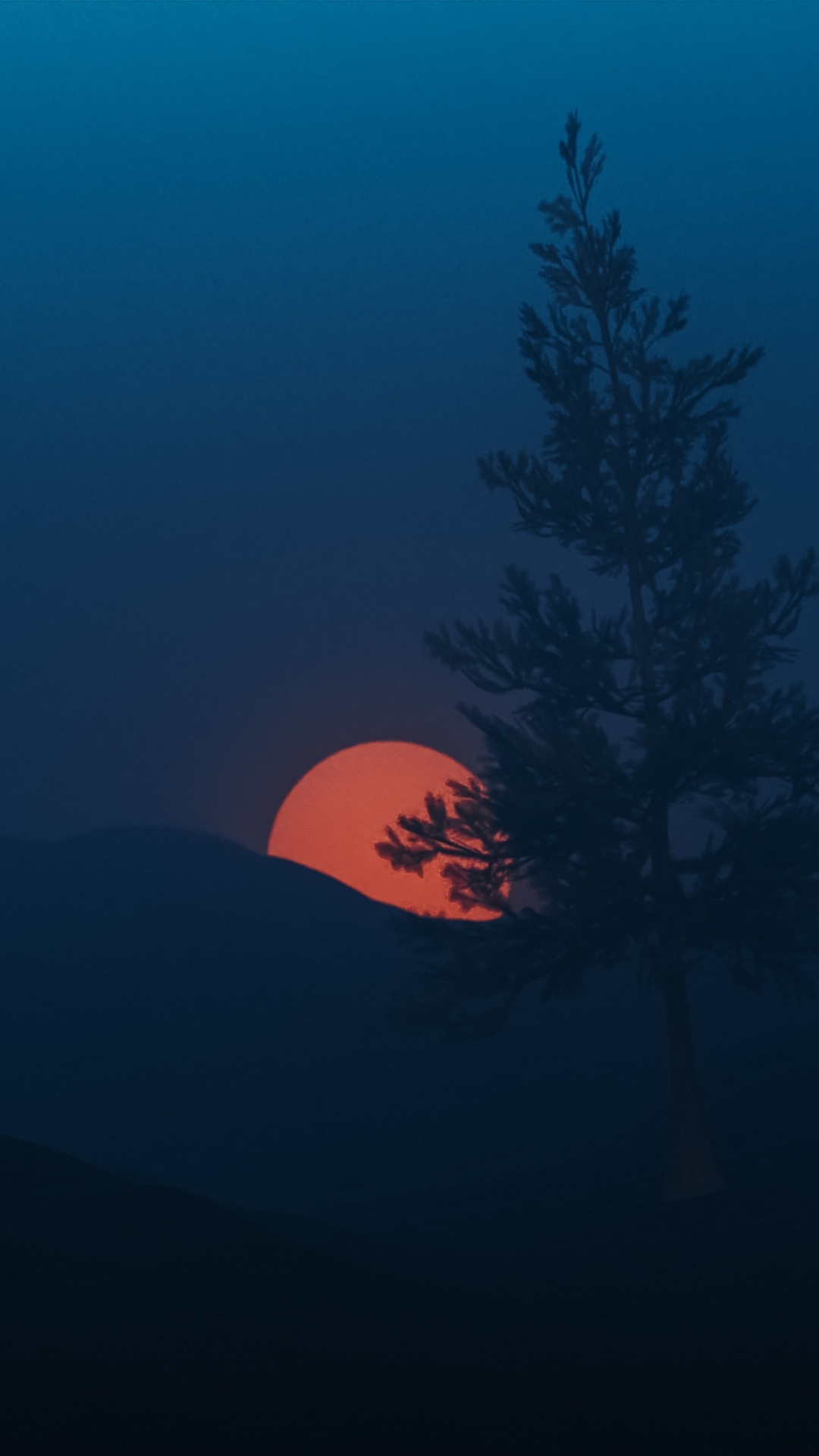 Sunset behind a tree and hills HD Phone Wallpaper