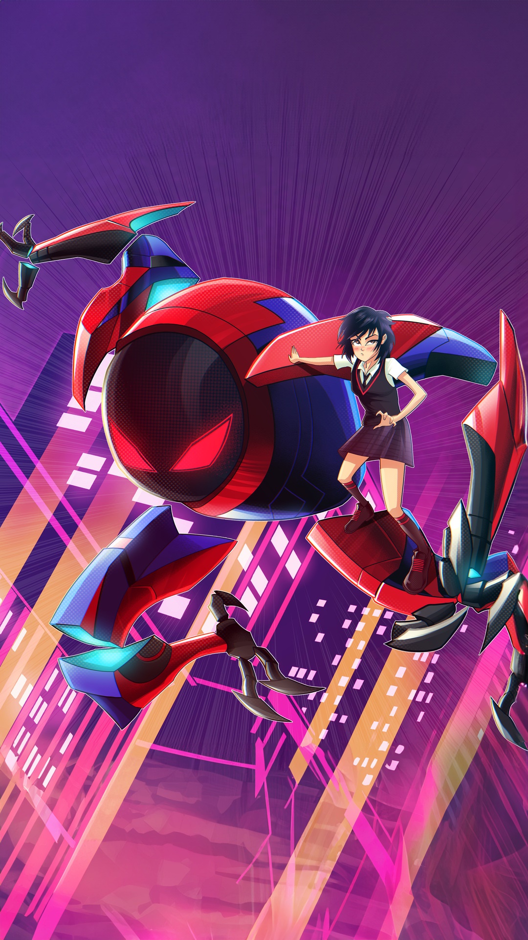 Spider-Man Mech Suit with a Girl HD Phone Wallpaper