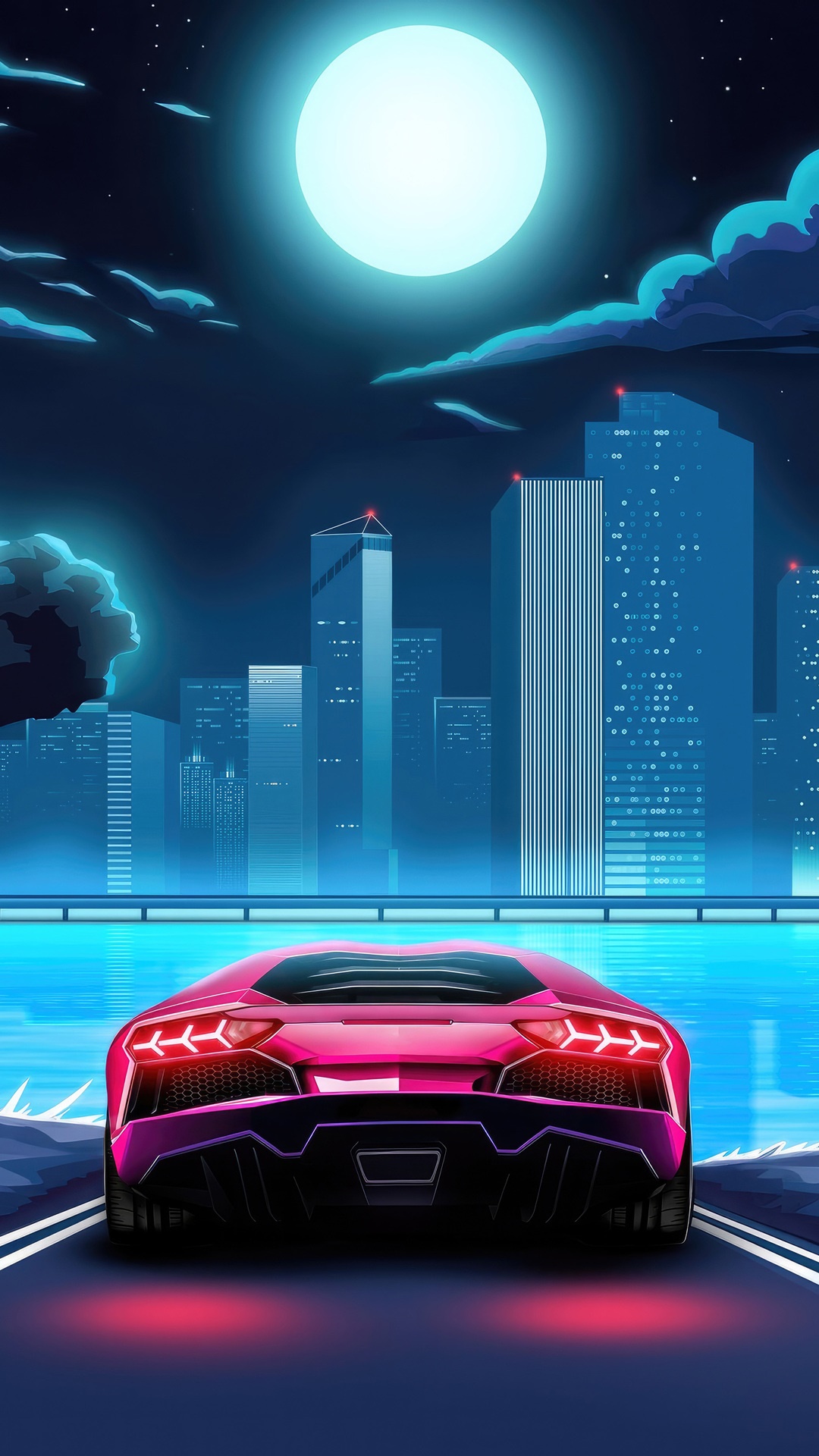 Pink Lamborghini in a Neon Cityscape HD Phone Wallpaper