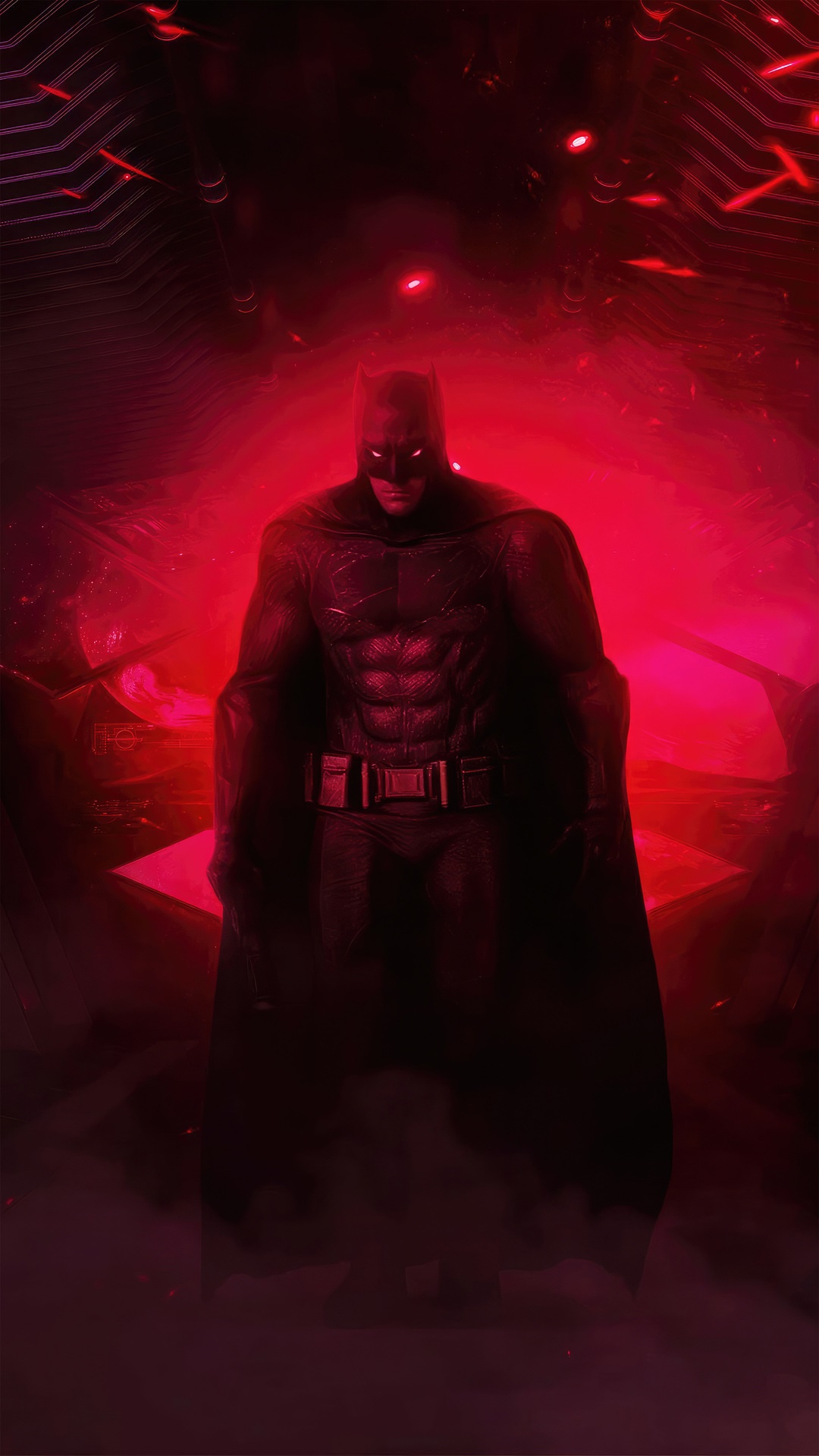 Batman standing in red light with dark background HD Phone Wallpaper