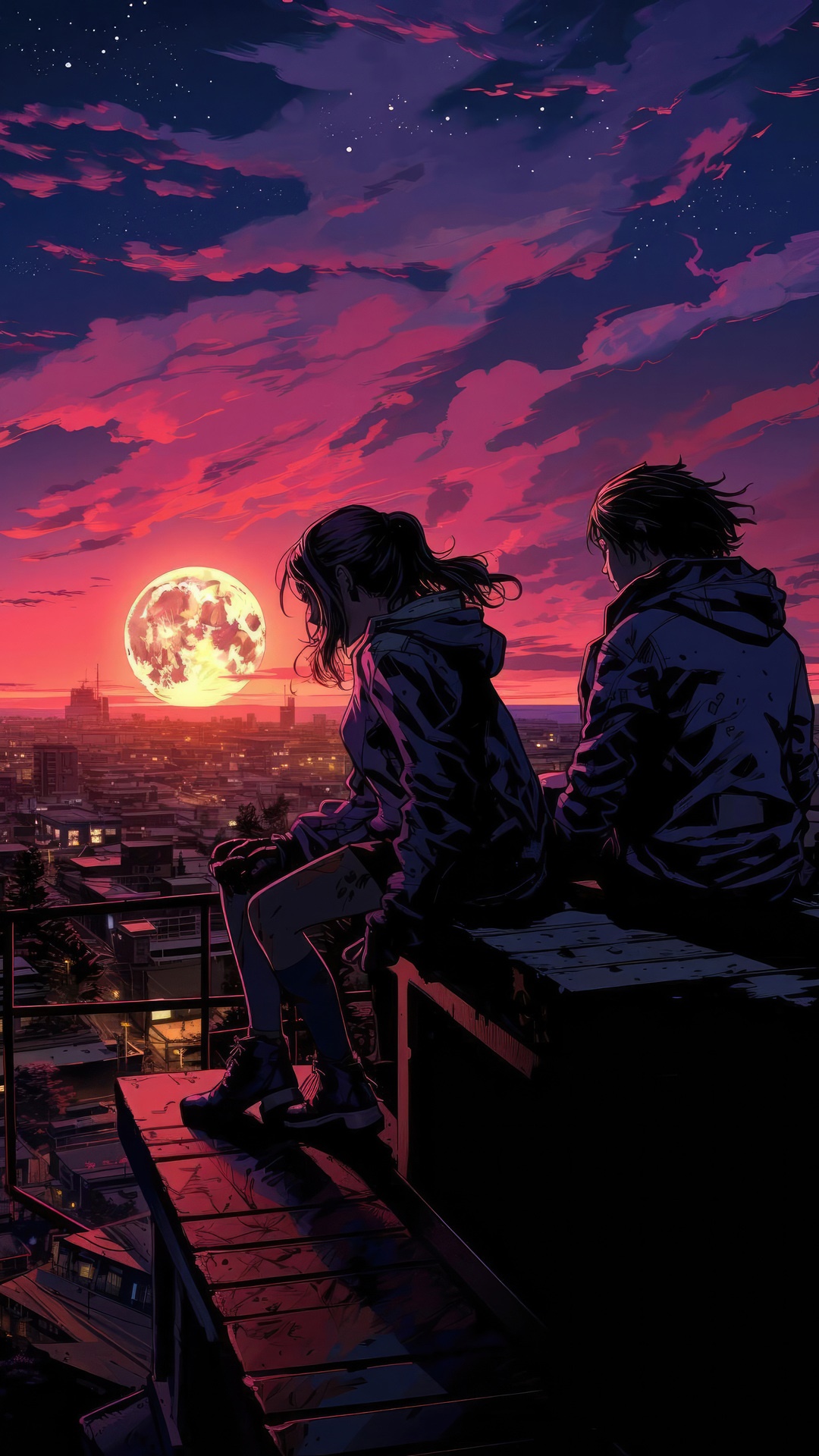 Couple watching the moon over city skyline HD Phone Wallpaper