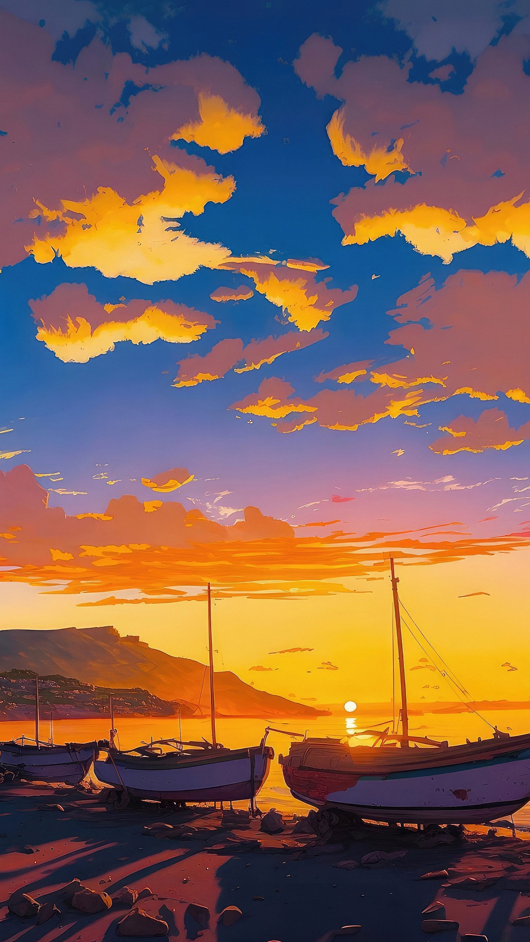 Boats on the shore at sunset HD Phone Wallpaper