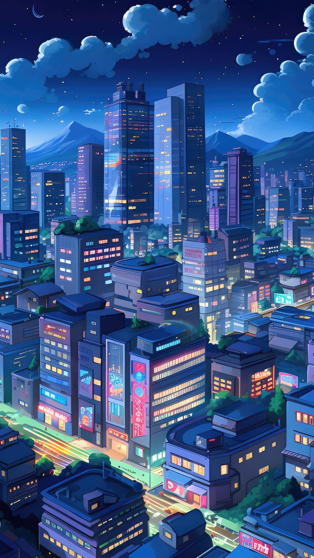 Anime cityscape at night with mountains HD Phone Wallpaper
