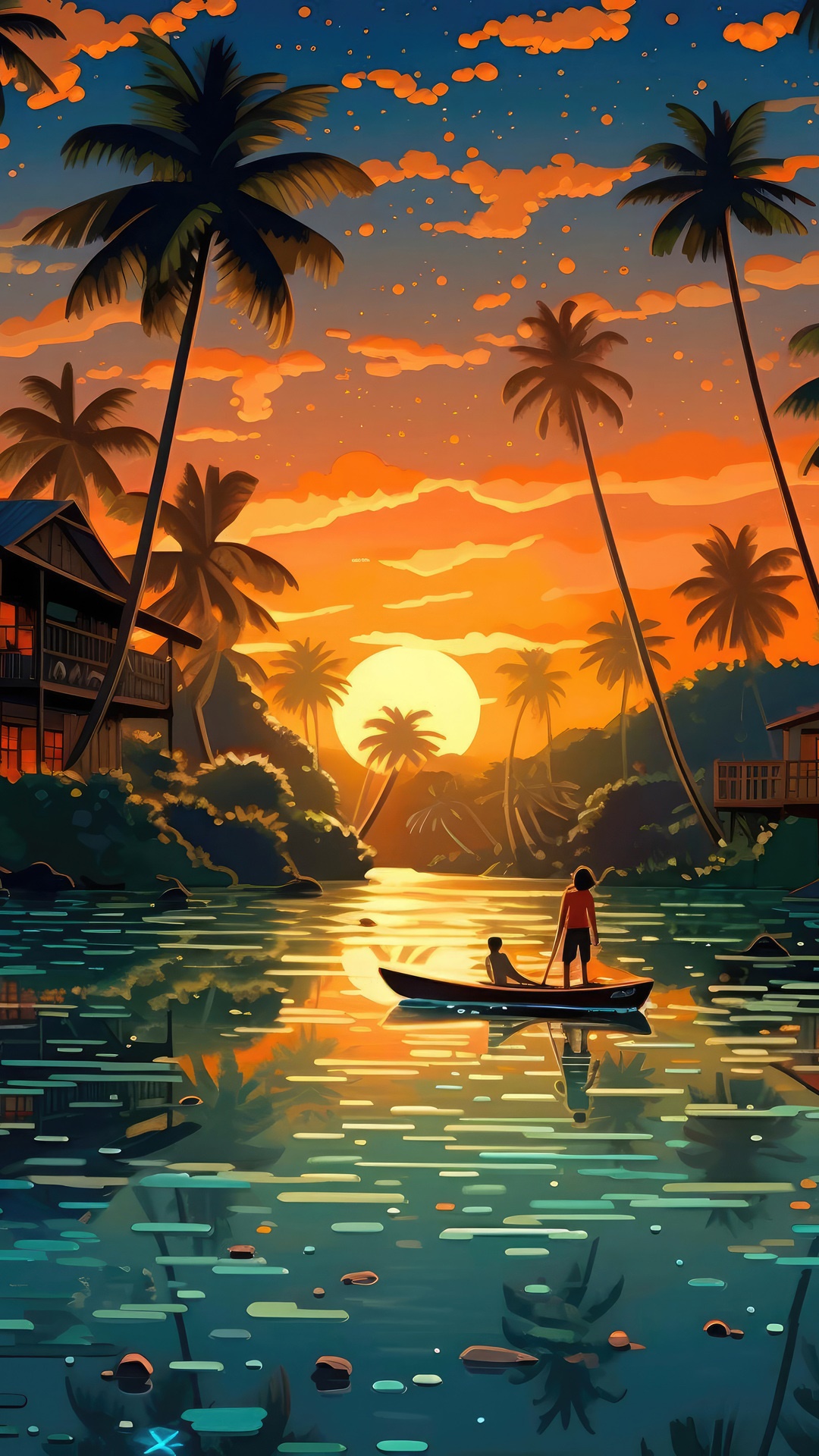 Digital art of a tropical sunset with people in a boat HD Phone Wallpaper