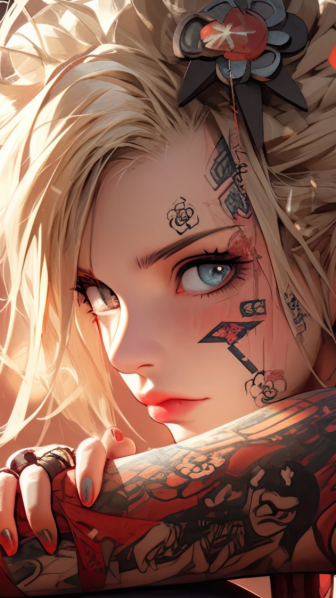 Anime girl with tattoos and blonde hair HD Phone Wallpaper