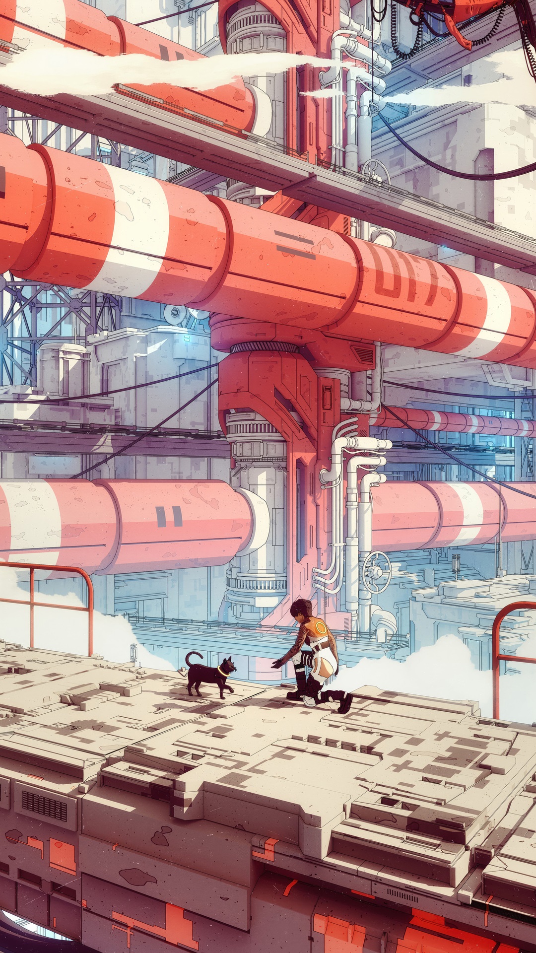 A person and a cat in a futuristic industrial setting HD Phone Wallpaper