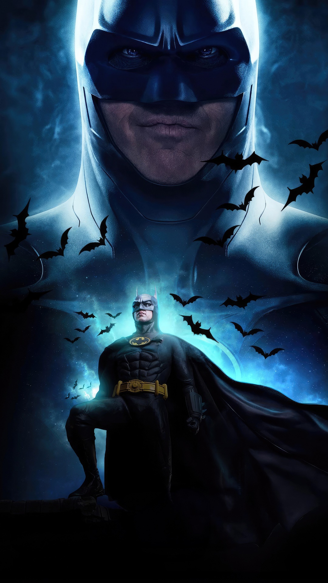 Batman Artwork with Bats and Blue Haze HD Phone Wallpaper