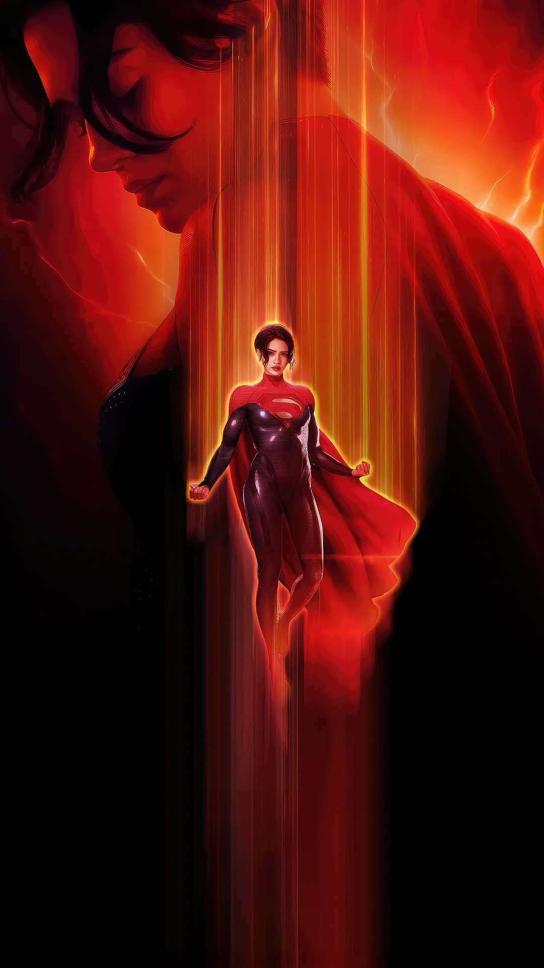 Supergirl in a red and black suit with a red cape HD Phone Wallpaper