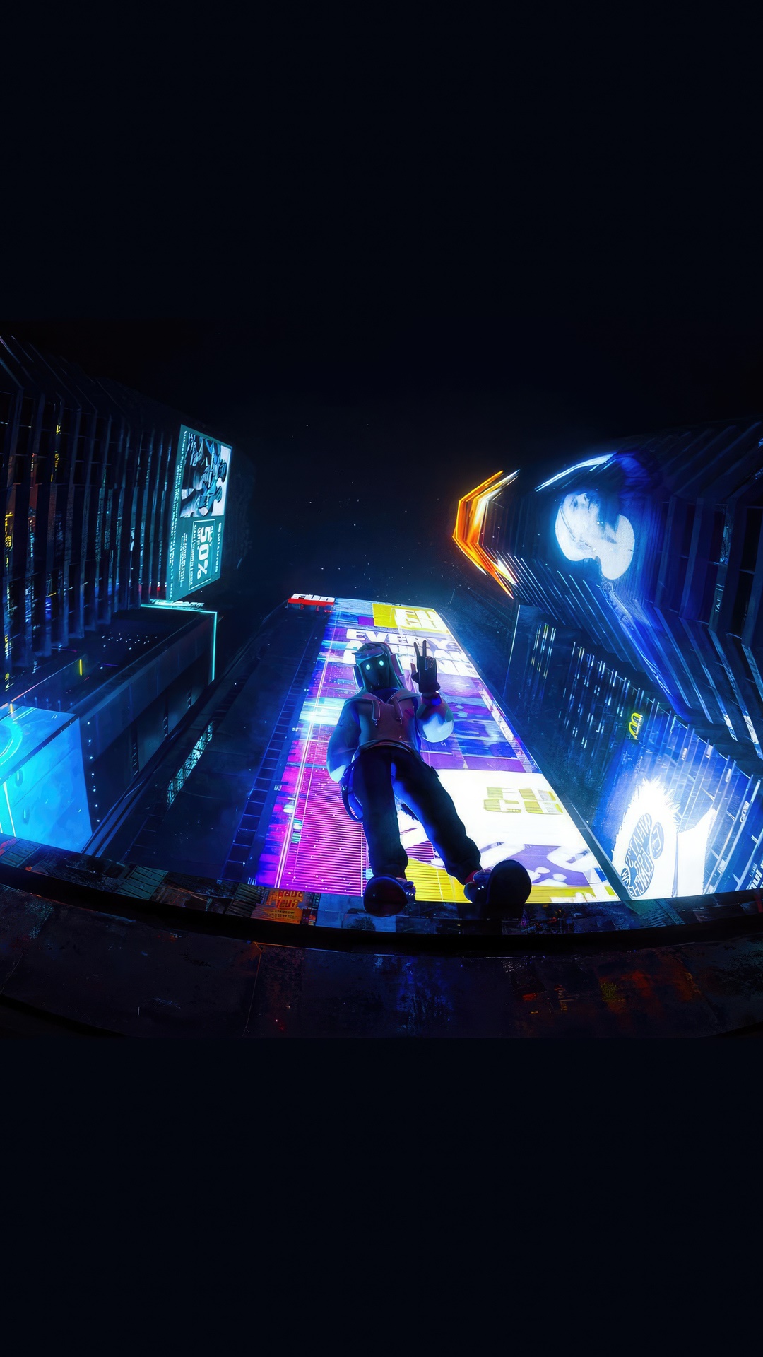 Character with mask in neon city at night HD Phone Wallpaper