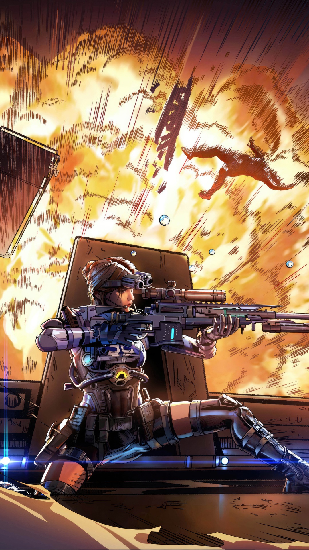Call of Duty Mobile character with sniper rifle during explosion HD Phone Wallpaper