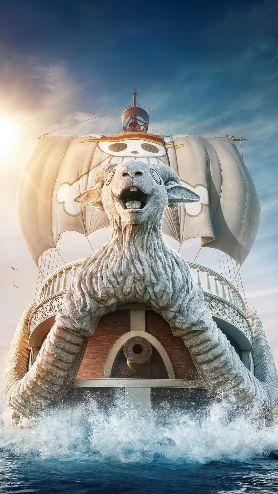 The Thousand Sunny ship from One Piece sailing on the ocean HD Phone Wallpaper