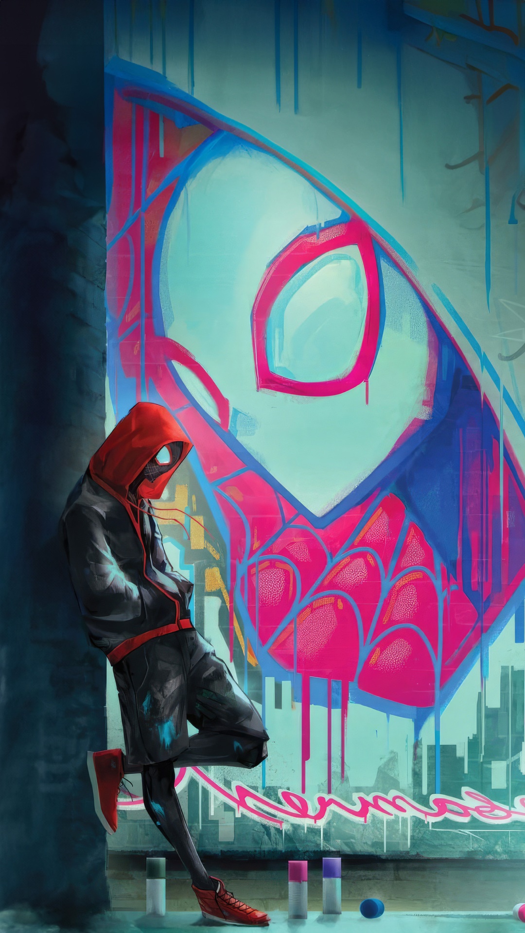 Miles Morales leaning against a graffiti mural HD Phone Wallpaper