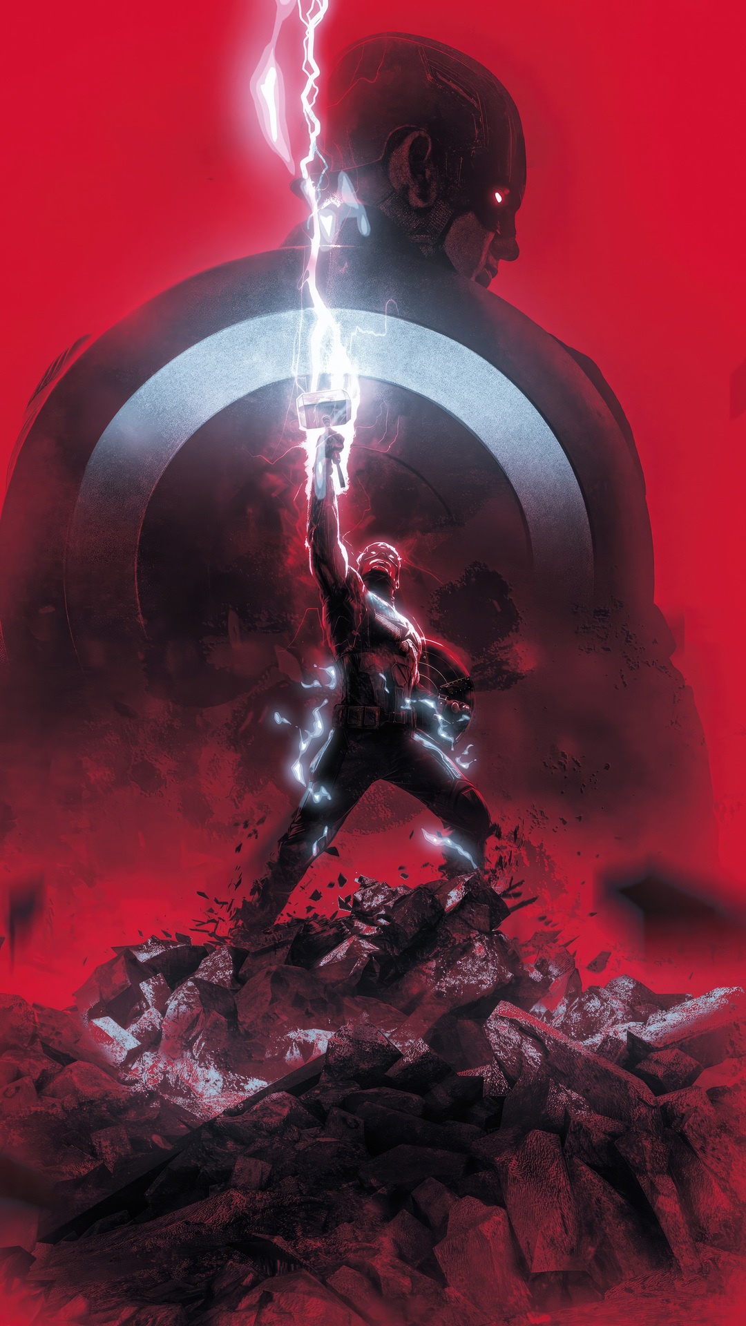 Captain America wielding Mjolnir with Thor's silhouette HD Phone Wallpaper