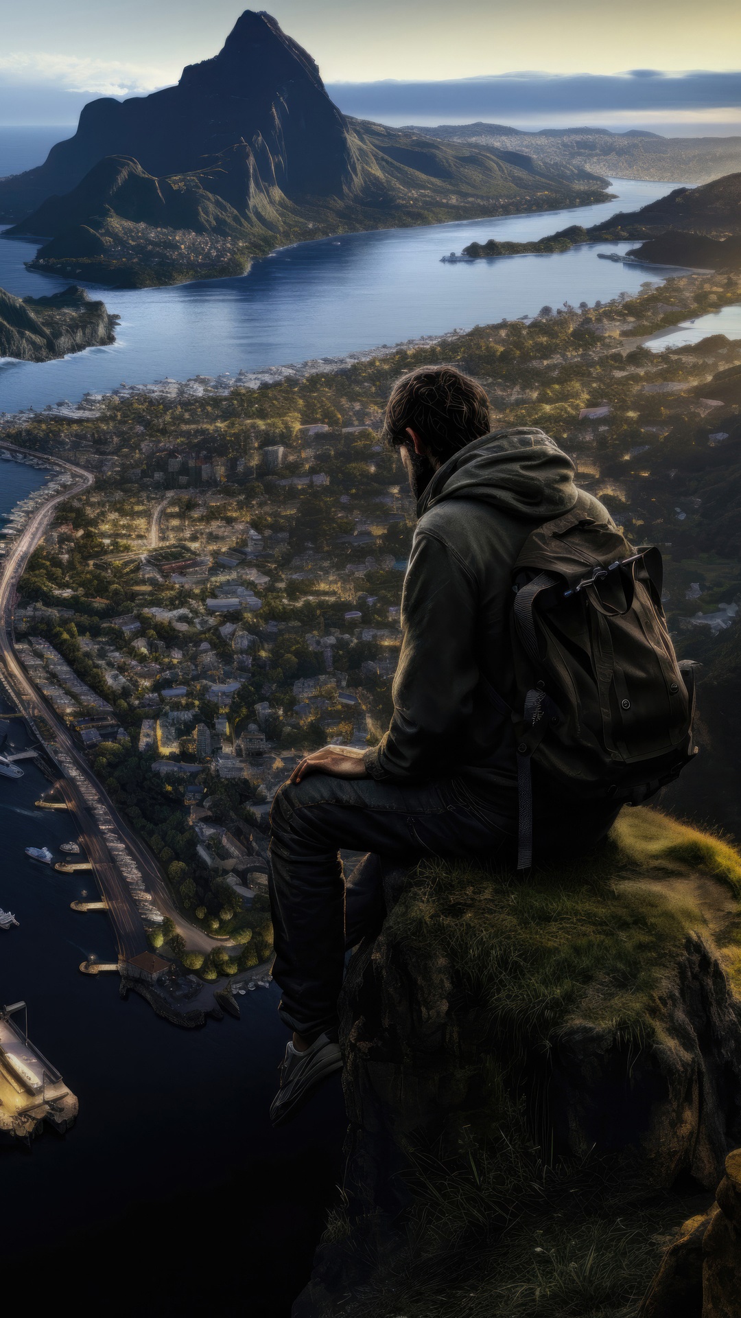 Man with backpack overlooking a city and bay HD Phone Wallpaper