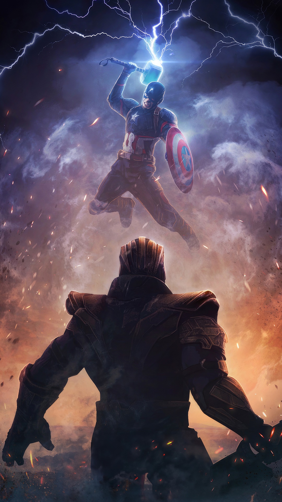 Captain America wields Mjolnir against Thanos HD Phone Wallpaper