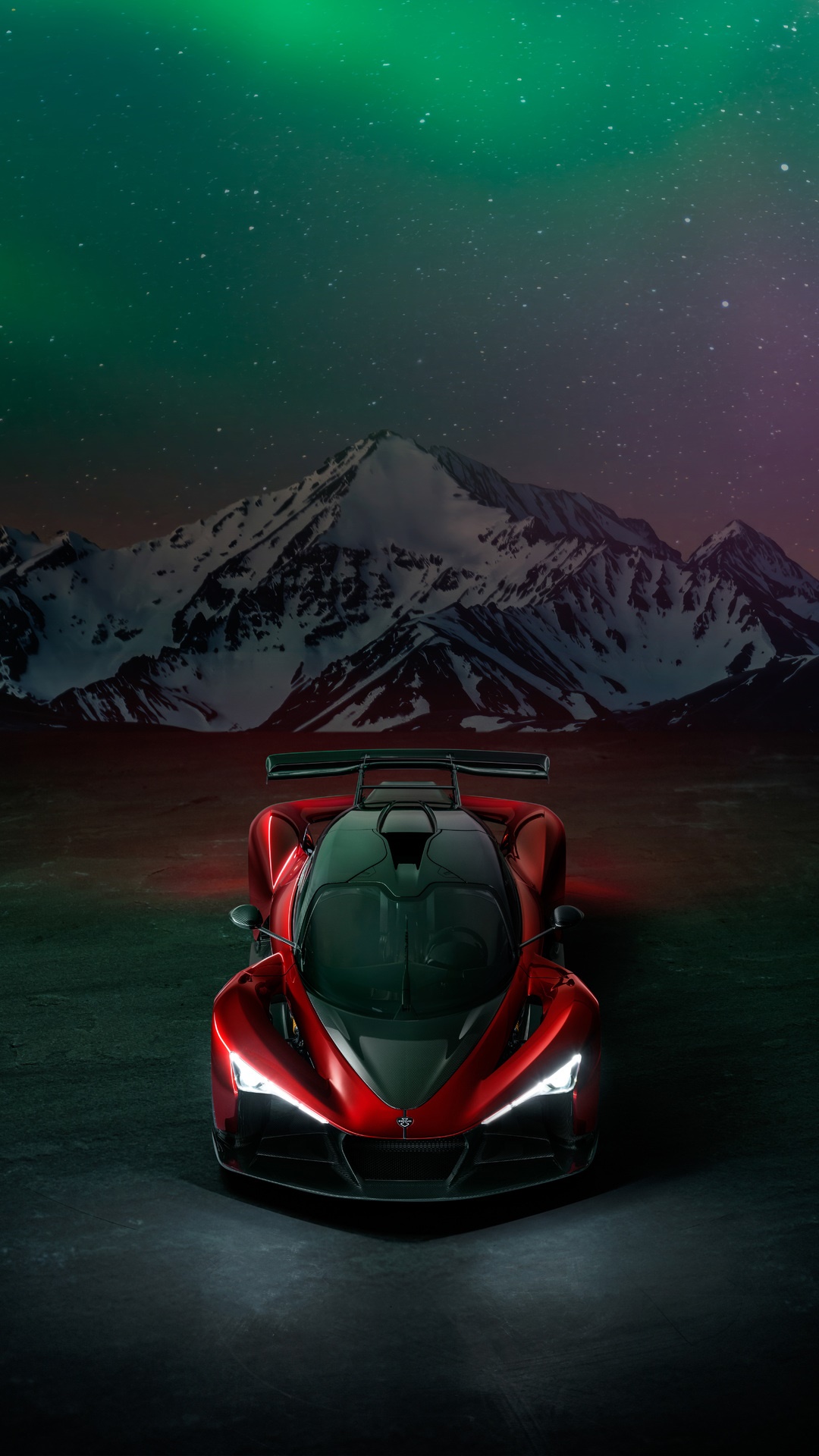 Red Zenvo Aurora Agil sports car under aurora borealis HD Phone Wallpaper
