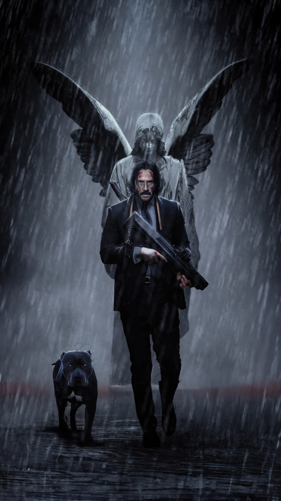 John Wick with dog and angel statue in rain HD Phone Wallpaper
