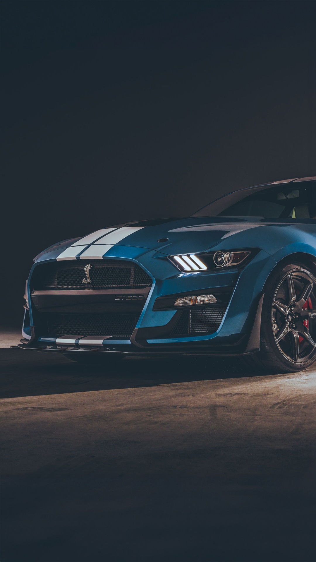 Blue Ford Mustang GT500 with White Stripes HD Phone Wallpaper