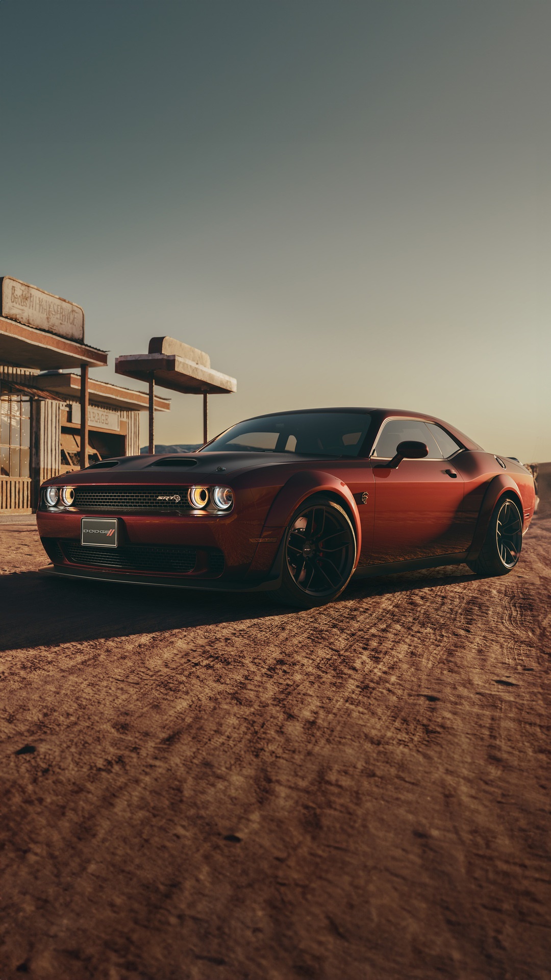 Red Dodge Challenger SRT Hellcat in desert HD Phone Wallpaper
