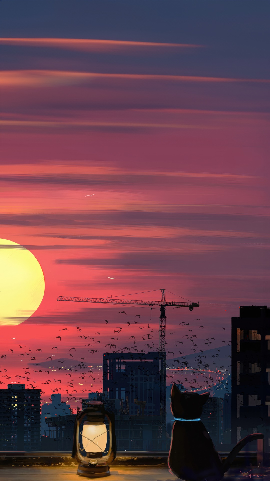 Cat watching sunset over city with crane HD Phone Wallpaper