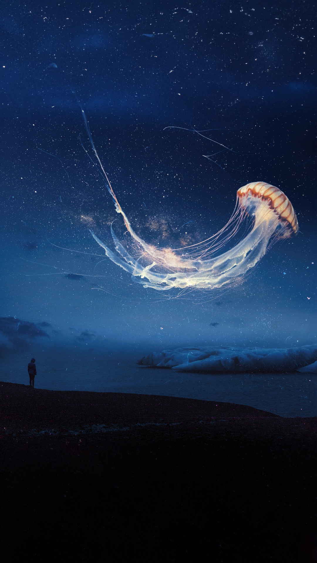 Digital art of a jellyfish in a starry sky HD Phone Wallpaper